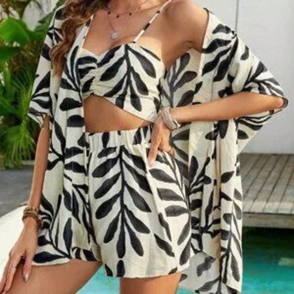 ZARA Apricot Boho Women's Vacation Plants Print Three-Piece Set